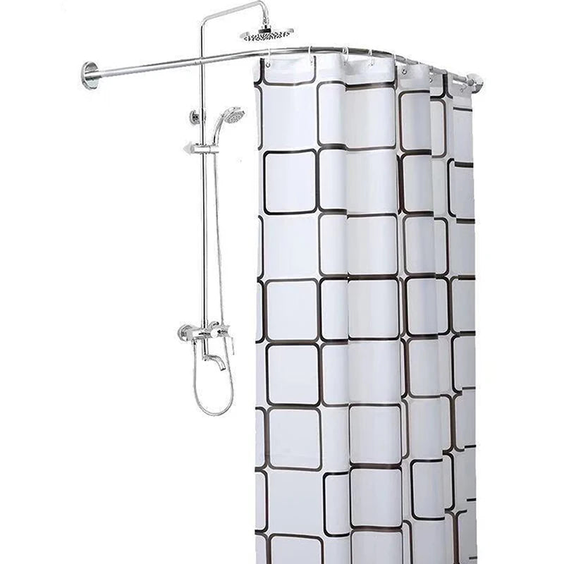L Shaped Extendable Curved Shower Curtain Rod 3Size Silver Stainless Steel Shower Curtain Poles Punch-Free Bathroom Curtain Rail