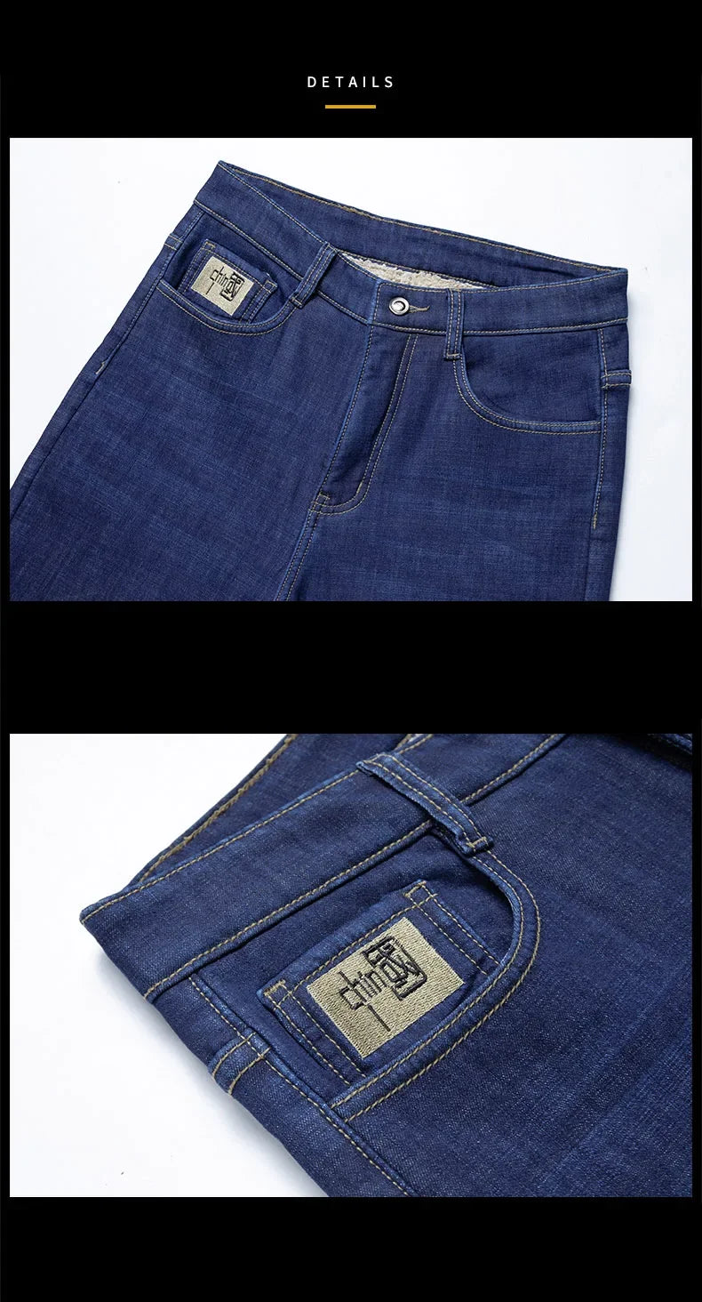 Winter Lamb Fluff Denim Straight Pants Men Thicken Big Size 40 Jeans High Waist Stretch Jeansy Fleece Lined Warm Slim Vaqueros - You Offer