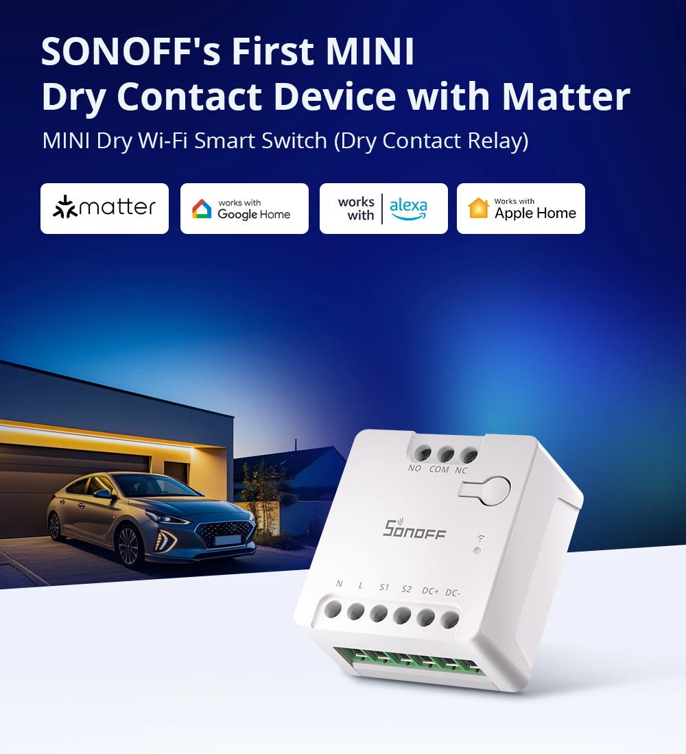 SONOFF MINI-D WiFi Smart Switch Matter Dry Contact Device Supports AC/DC Power Works with eWeLink Apple Home Alexa Google Home
