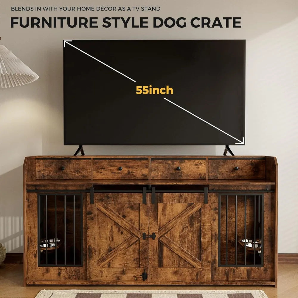 63" Double Dog Crate Furniture – Wooden Dog Kennel Indoor with Sliding Doors, Adjustable Bowls & Storage Drawers – Large Dog