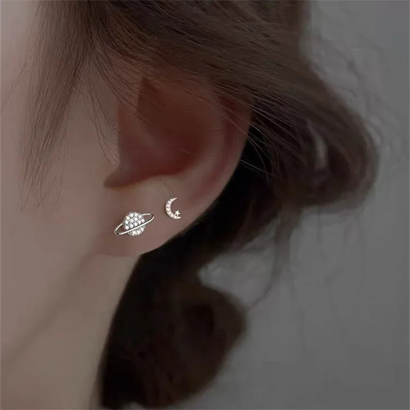 Simple Zircon Star Moon Planet Stud Earrings for Women Gold/Silver Color Asymmetry Ear Pendants Fashion Jewelry - You Offer