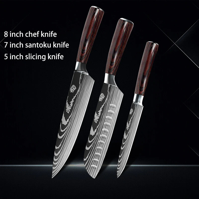 Chef knife 1-10Pcs Set Laser Damascus Pattern Kitchen Knives Sharp Japanese Santoku Slicing Utility Knife Cleaver Boning Knives - You Offer
