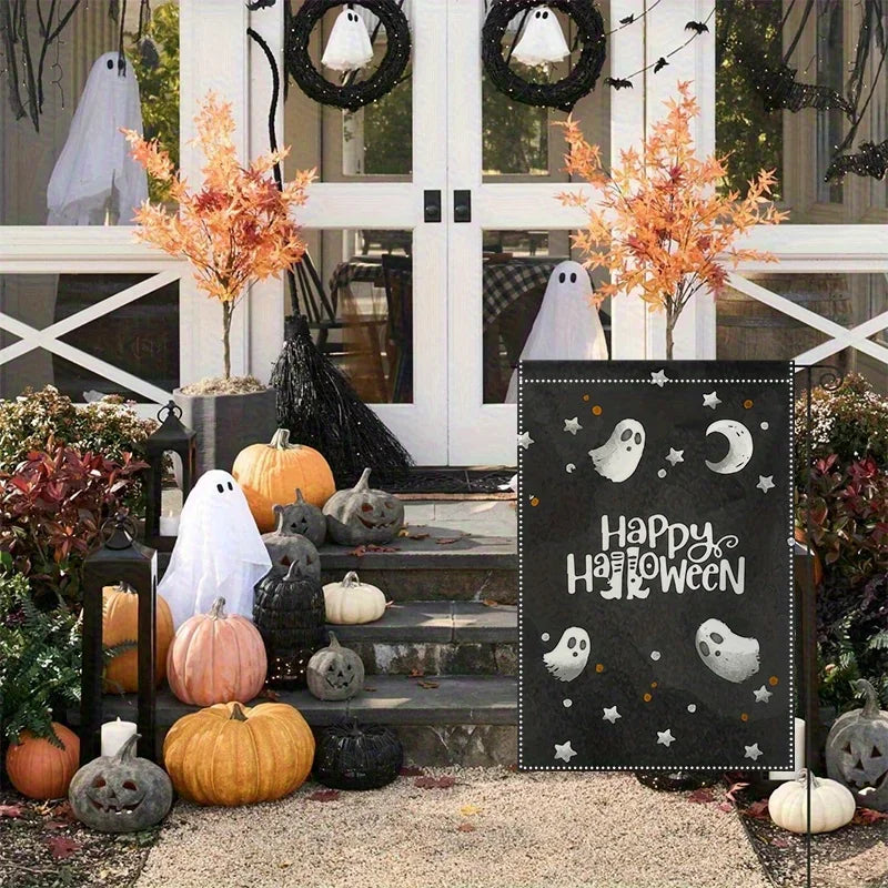 Halloween Skull Pumpkins Double-Sided Linen, 12x18 Inches, Home Outdoor Yard Holiday Party Decorations (Flag Pole Not Included)