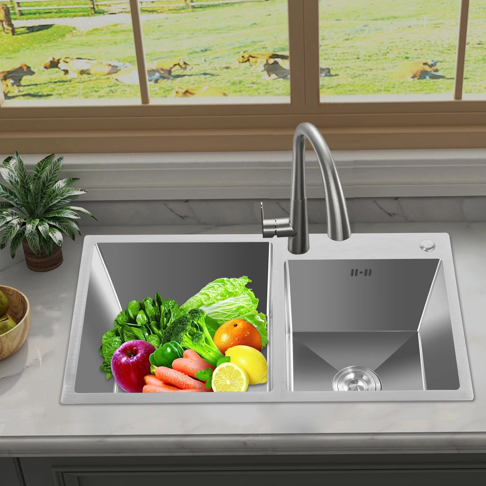 Double Basin Stainless Steel Sink w/ Drainer 30L+23L Capacity 201 Grade, Bathroom Kitchen Accessories Household Items - You Offer