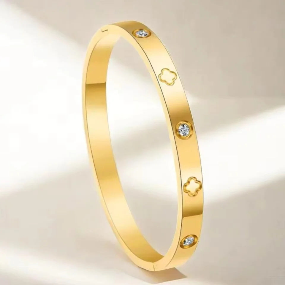 Trendy Shining Zircon Bracelets For Women Clover Print Love Pulseiras Stainless Steel Bangles Feminina Jewelry Gift - You Offer