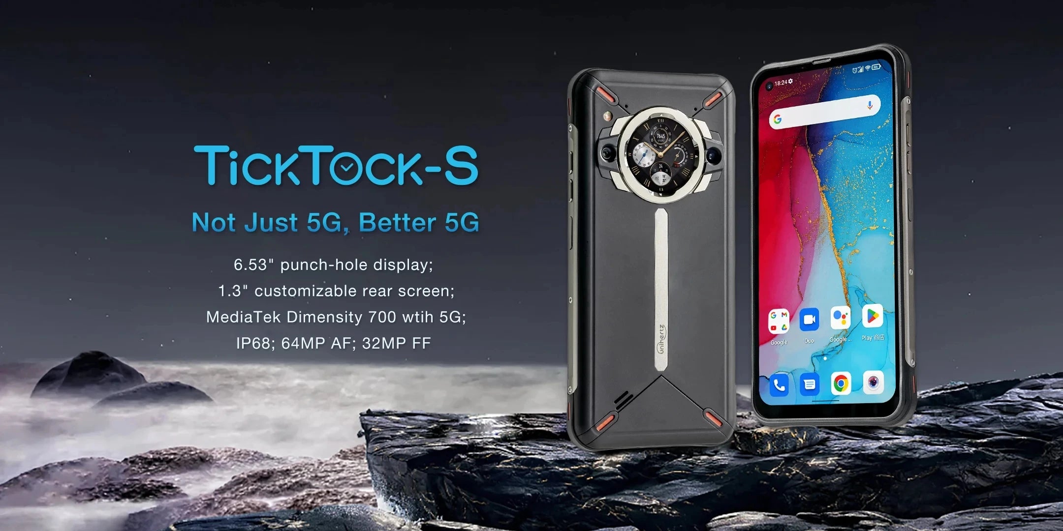 Unihertz Ticktock S Rugged 5G Smartphone 8GB 256GB Cell Phone 5200mAh Mobile Phone 64MP Camera 30W 6.53" Screen Dimensity 700