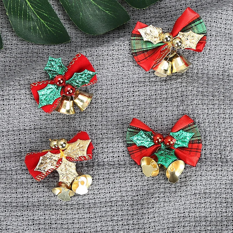 Christmas Mini Bowknot Jingle Bell Xmas Trees Hanging Pendant Small Bow with Bell Ornament DIY Party Gifts New Year Decorations