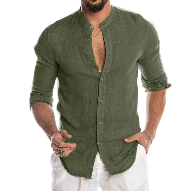 Male Casual Cotton Linen Shirts Long Sleeve Stand Collar Shirts Man Solid Social Shirt Blouses Formal Soccer Top Men Clothing