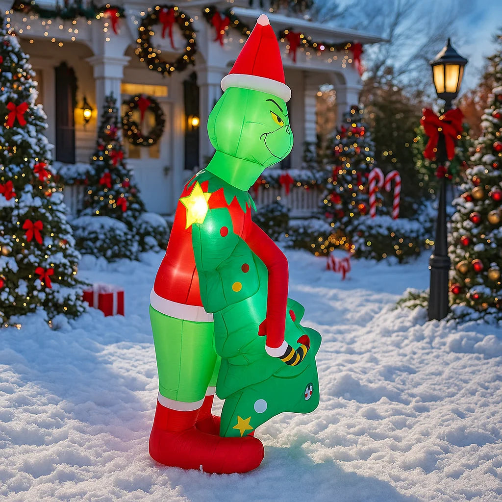 2.1M/6.8FT Inflatable Grinch Holding Christmas Trees Light LED Home Holiday Lighting Decor Yard Xmas Supplies Outdoor Ornament