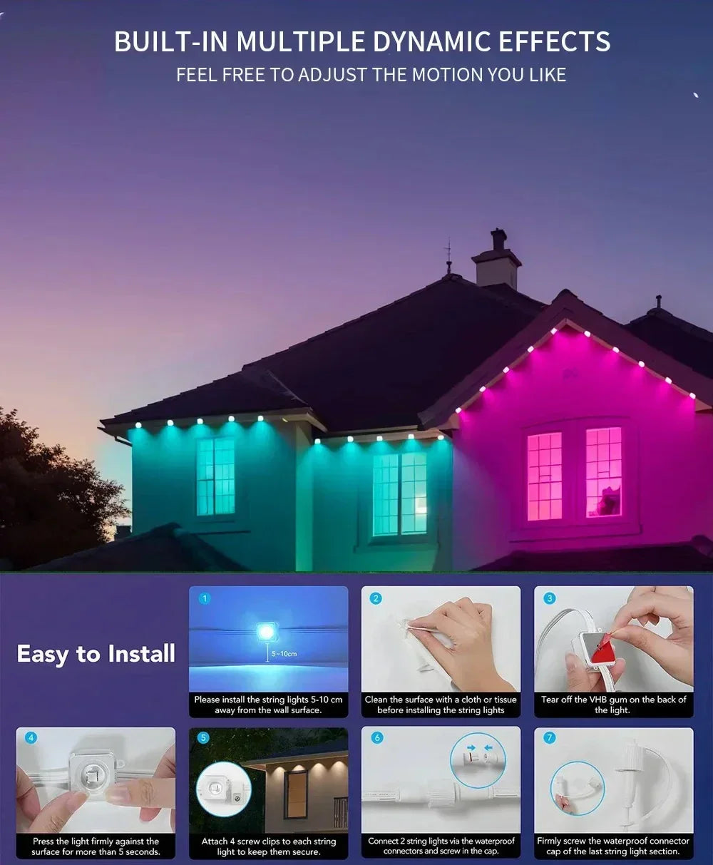 100FT 60 LEDs Permanent Outdoor Lights Smart RGBIC Eaves LED Lights Festival Flashing Lighting Fairy String  Holiday Lighting