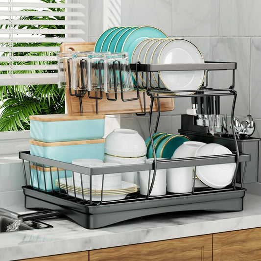Large 2-tier dish drying rack for kitchen countertops, removable large-capacity dish draining rack - You Offer