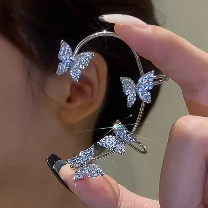 Silver Plated Metal Butterfly Ear Clips Without Piercing For Women Sparkling Zircon Ear Cuff Clip Earrings Wedding Jewelry - You Offer