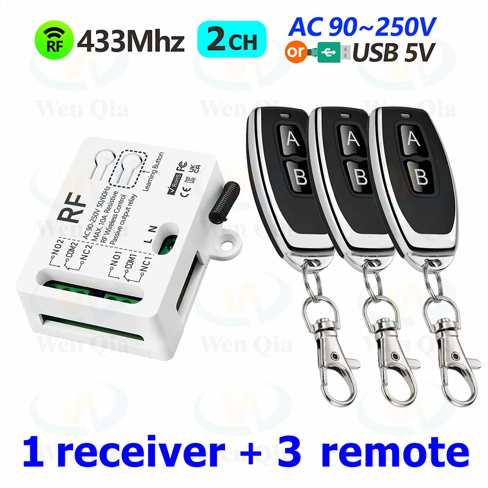 433MHz Universal Wireless Remote Control Switch 2 CH,AC 110V 220V RF Relay Receiver,for Light/Fan/Motor/Garage Door Opener etc