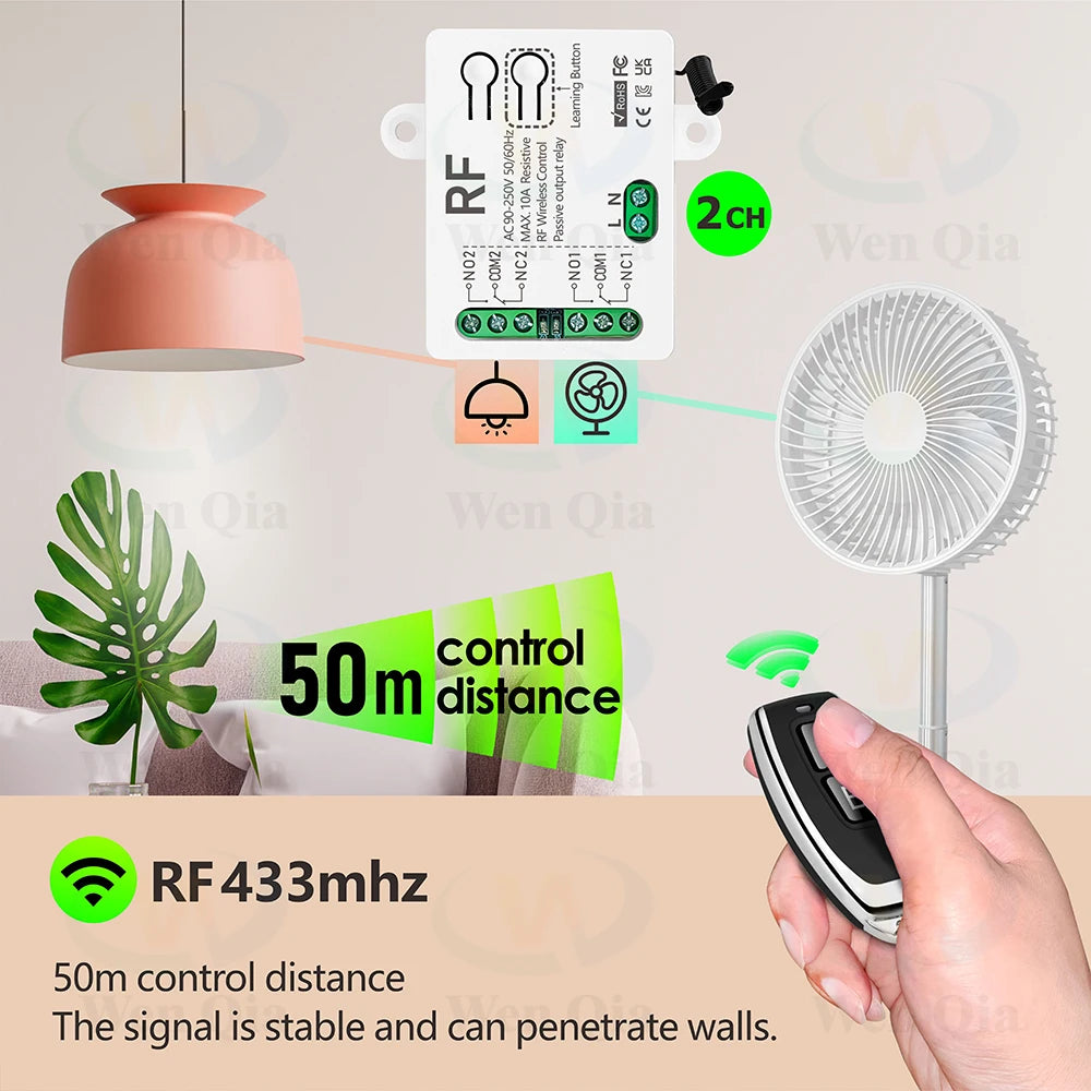 433MHz Universal Wireless Remote Control Switch 2 CH,AC 110V 220V RF Relay Receiver,for Light/Fan/Motor/Garage Door Opener etc