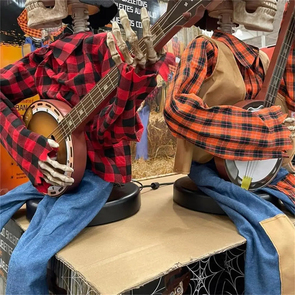 Halloween Banjo Scarecrow Playing Skeletons Animatronics Banjo Skeletons Decoration for Halloween Indoor Outdoor Yard Lawn Party