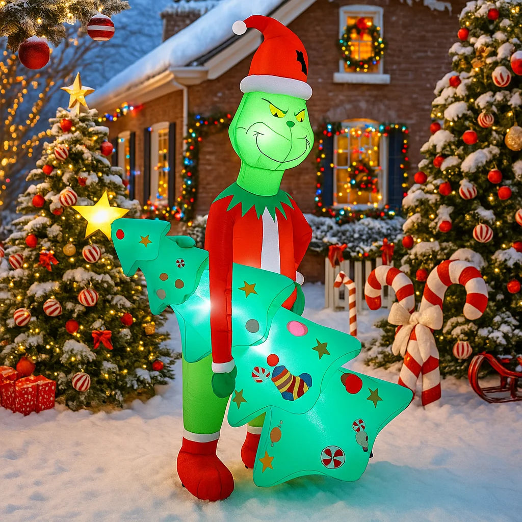 2.1M/6.8FT Inflatable Grinch Holding Christmas Trees Light LED Home Holiday Lighting Decor Yard Xmas Supplies Outdoor Ornament