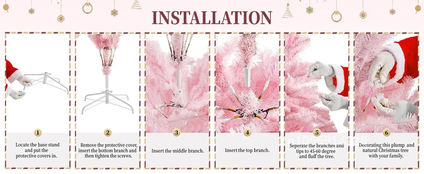 6/7ft Artificial Pink Christmas Pine Tree Holiday New Year Xmas Tree Party Decoration with Metal Tripod 818 Branch Tips Reusable