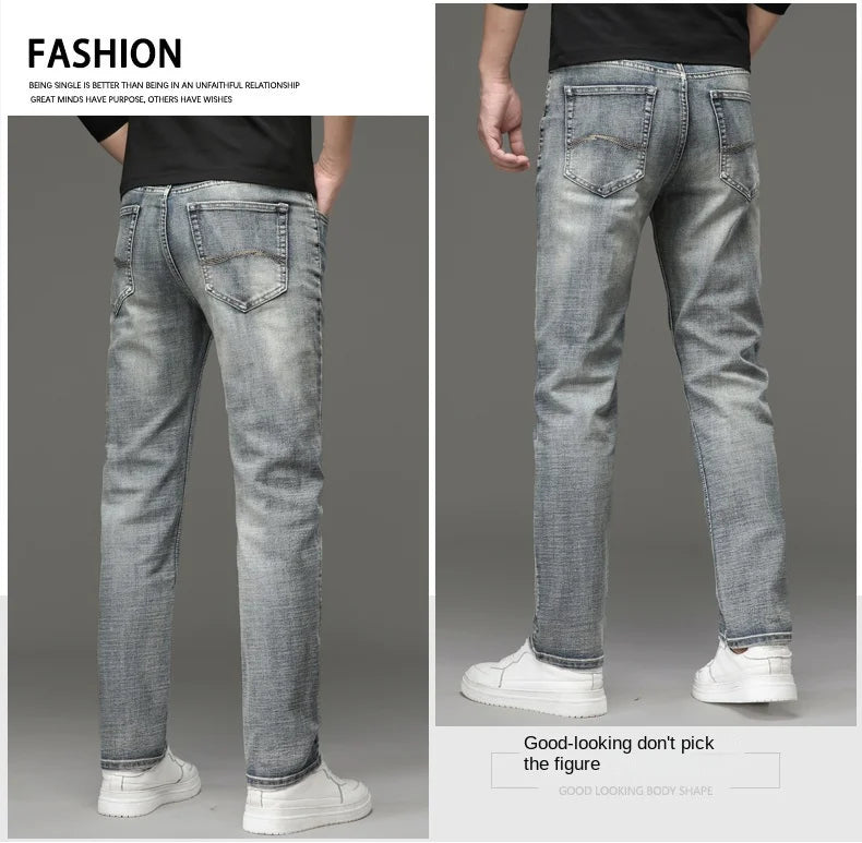 High-end Light Luxury Brand Jeans Men's Retro Slim Fit Straight Versatile Casual Gray Trousers Autumn and Winter Thick Jeans - You Offer