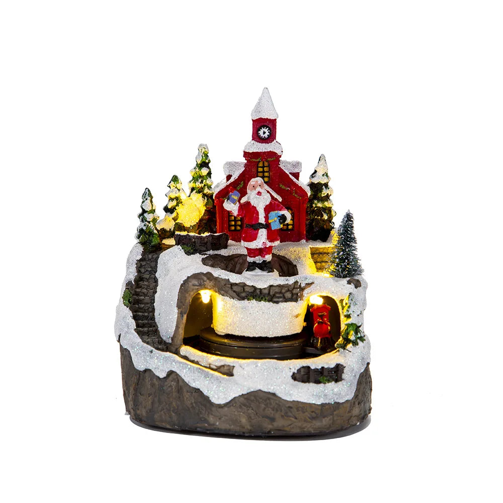 Christmas House Village Electric Music Box Glowing Christmas Snow Village Santa Claus House Miniature Ornaments Xmas Decor