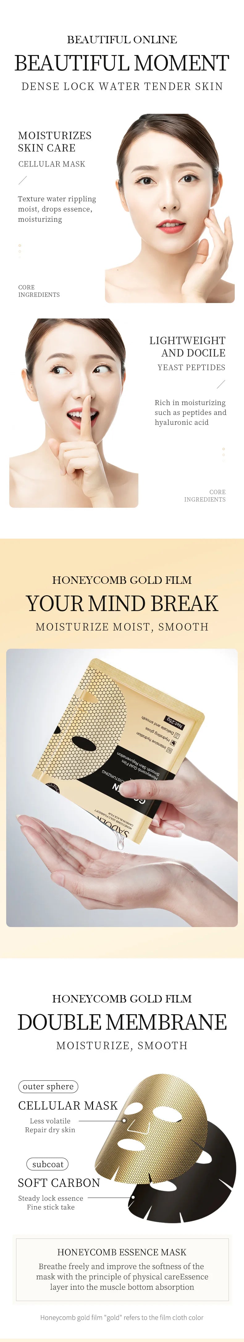10 Pieces Golden Honeycomb Facial Mask Oil Control Moisturizing Brightening Skin Tone and Soft Skin for All Kinds Skins