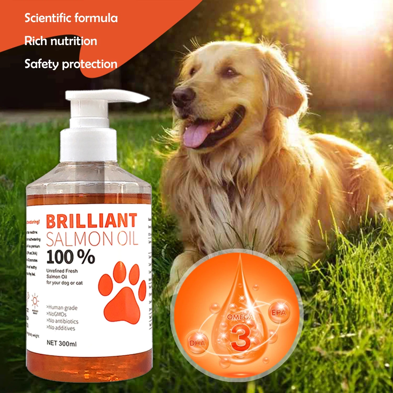 300ml/10.15 fl oz, 100ml/3.38 fl oz Human Grade Salmon Oil for Dogs&Cats – Omega Fatty Acids Supplement for Optimal Health & Nut