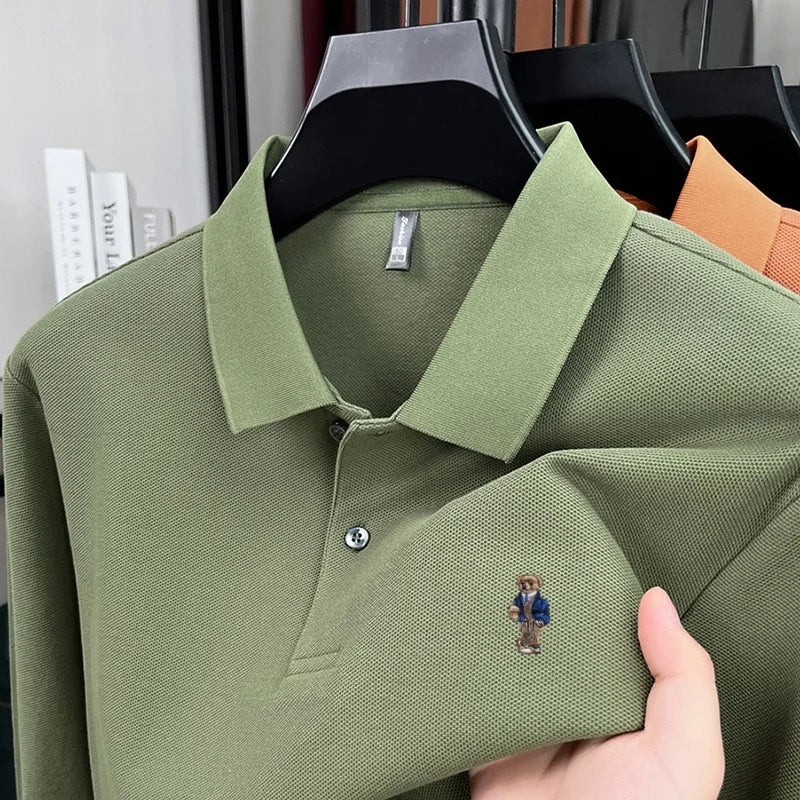 100% pure cotton men's trendy luxury brand autumn long sleeved polo shirt designer teddy bear embroidery business casual T-shirt