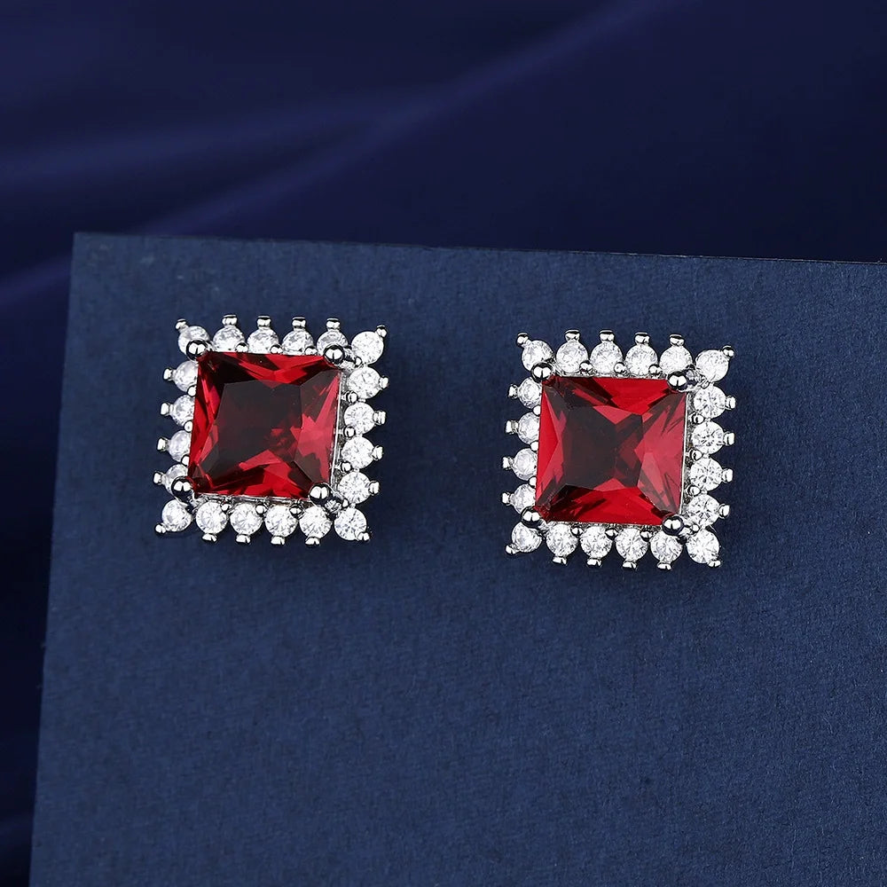 925 Sterling Silver Jewelry Set, Women's Shining Jewelry Cubic Zirconia Red Crystal Necklace Earrings Ring Birthday Gift Jewelry - You Offer