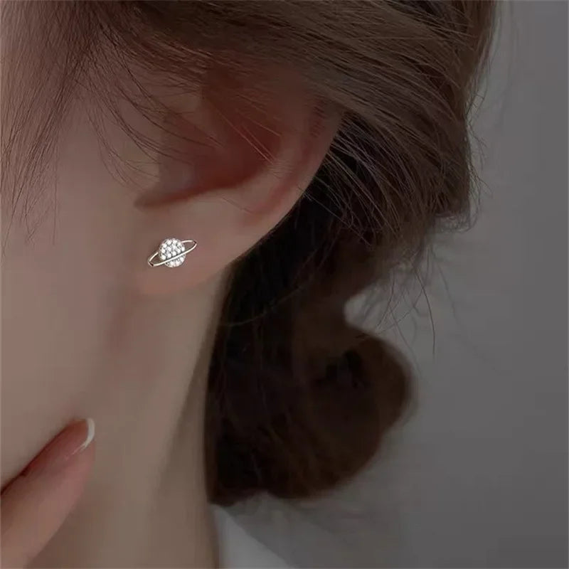 Simple Zircon Star Moon Planet Stud Earrings for Women Gold/Silver Color Asymmetry Ear Pendants Fashion Jewelry - You Offer