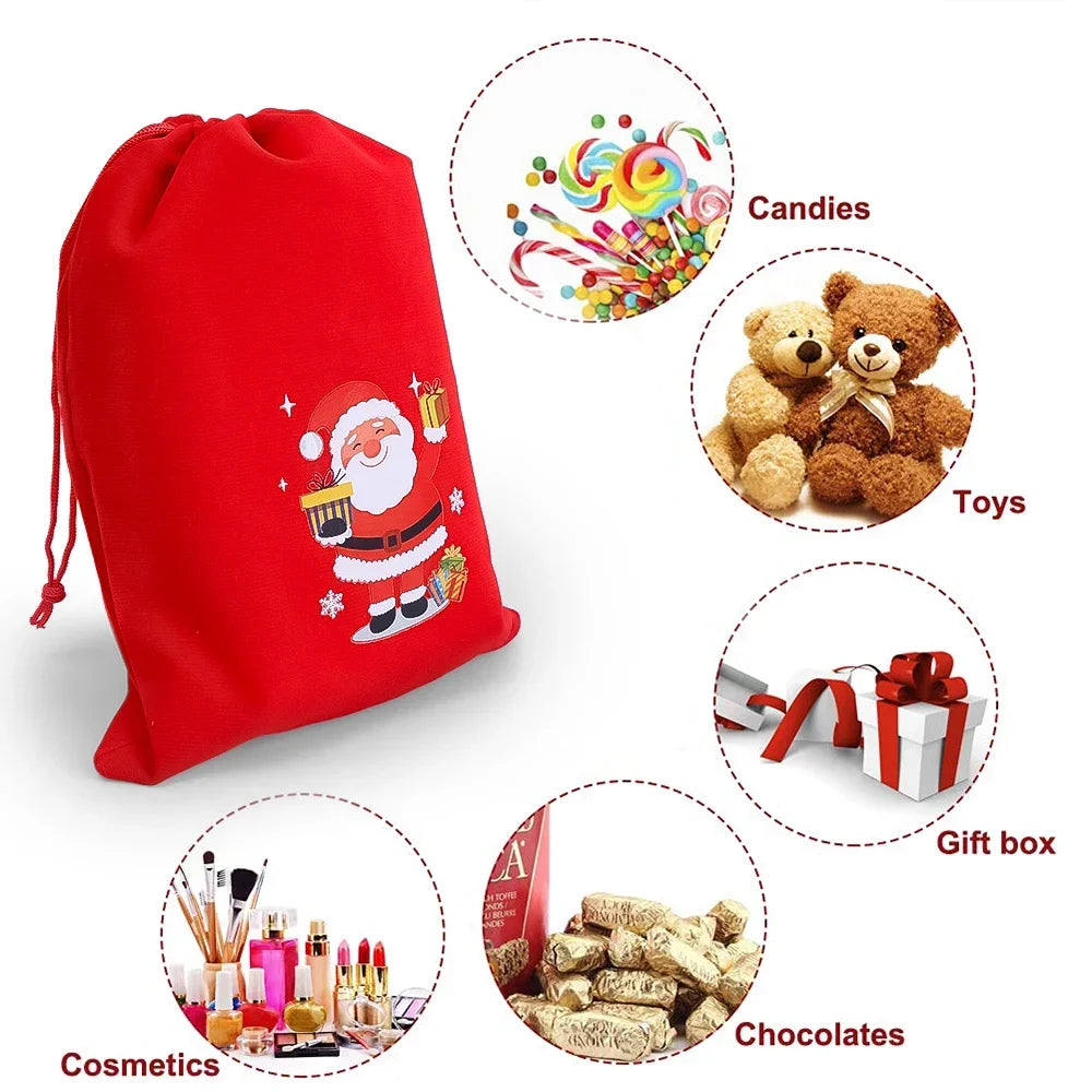 Christmas Drawstring Bags Velvet Cartoon Santa Claus Snowman Candy Snakcs Gifts Bags for Xmas Tree Party Home Packaging Pouches