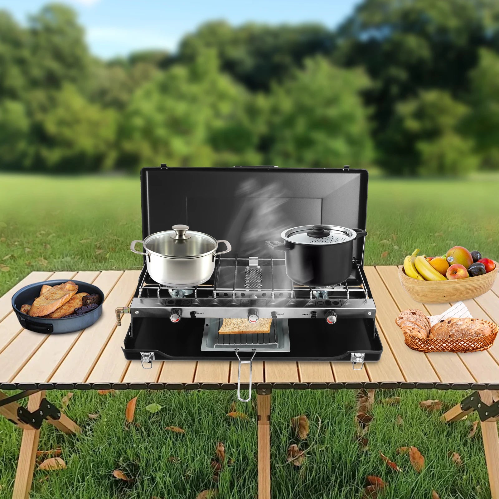 Camping Stove 3 Burner Propane Portable Stove with Regulator Toast Tray Windshield for Car Camping BBQ Picnics Outdoor Cooking - You Offer