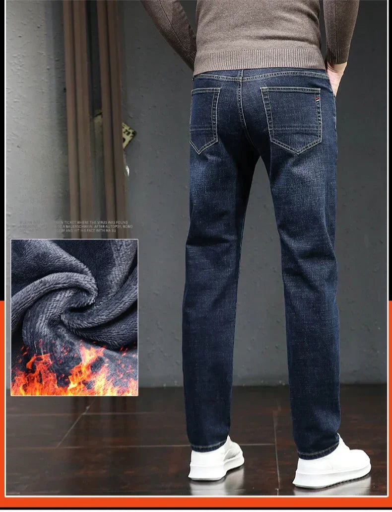 Winter Thickened Warm Male Plush Trousers Brand Clothes Men's Fleece Jeans Straight Slim Stretch Fashion Business Denim Pants - You Offer
