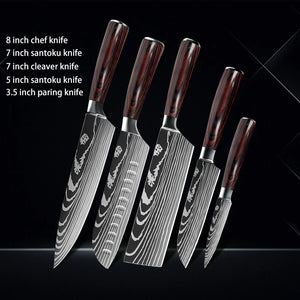 Chef knife 1-10Pcs Set Laser Damascus Pattern Kitchen Knives Sharp Japanese Santoku Slicing Utility Knife Cleaver Boning Knives - You Offer