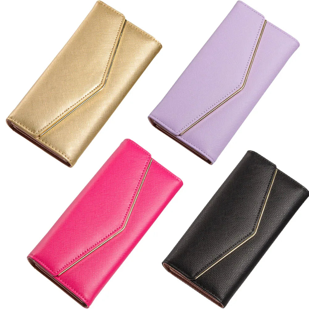 Women Envelope Style Tri-fold Wallet Solid Color Credit Card Holder Coin Money Purse Phone Handbag - You Offer