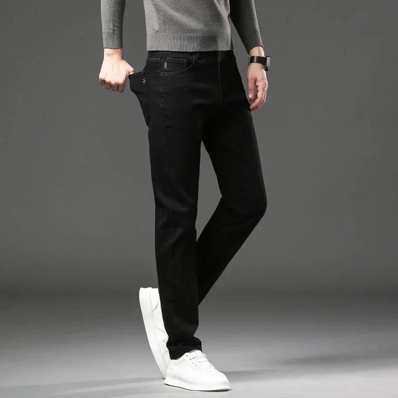 Winter Thickened Warm Male Plush Trousers Brand Clothes Men's Fleece Jeans Straight Slim Stretch Fashion Business Denim Pants - You Offer