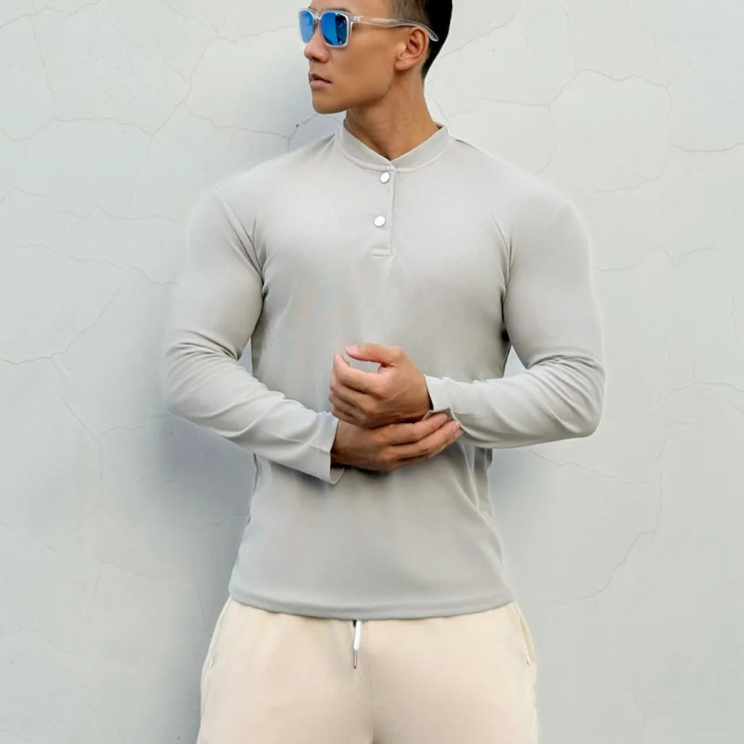 Men's New-style Henry Collar Large Polo Sports And Fitness Breathable Casual Training High-elastic Long-sleeved T-shirt