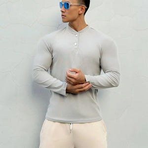 Men's New-style Henry Collar Large Polo Sports And Fitness Breathable Casual Training High-elastic Long-sleeved T-shirt