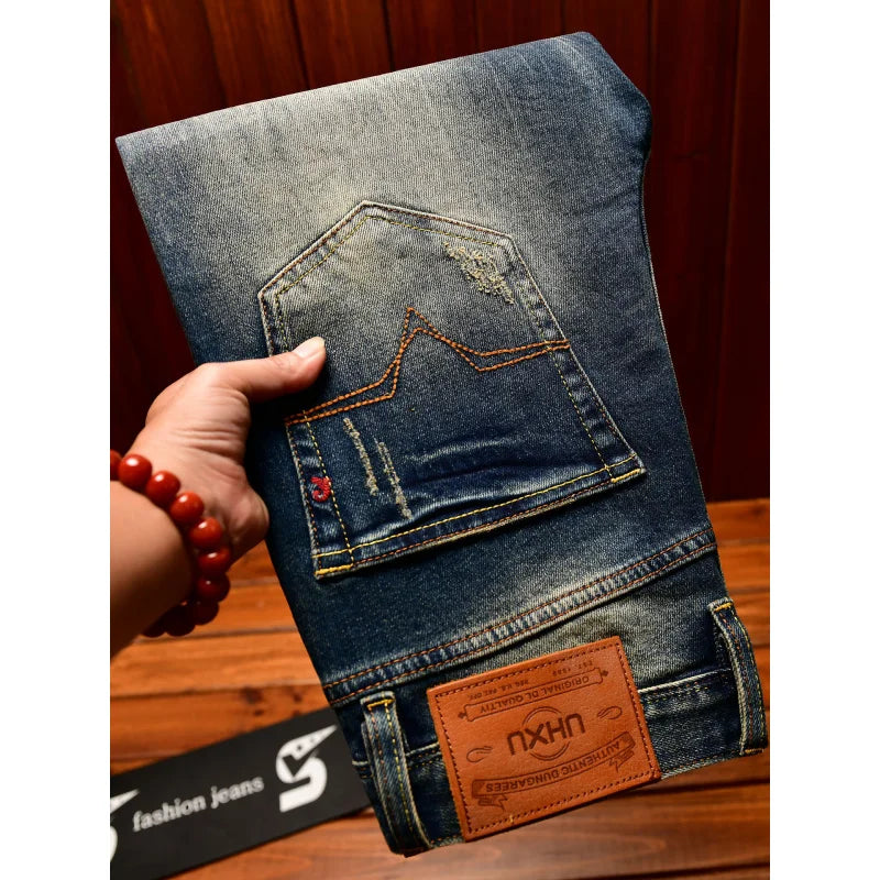 Heavy duty denim washed retro jeans for men 2025 new slim fit small foot elastic trendy brand casual Korean version pants - You Offer