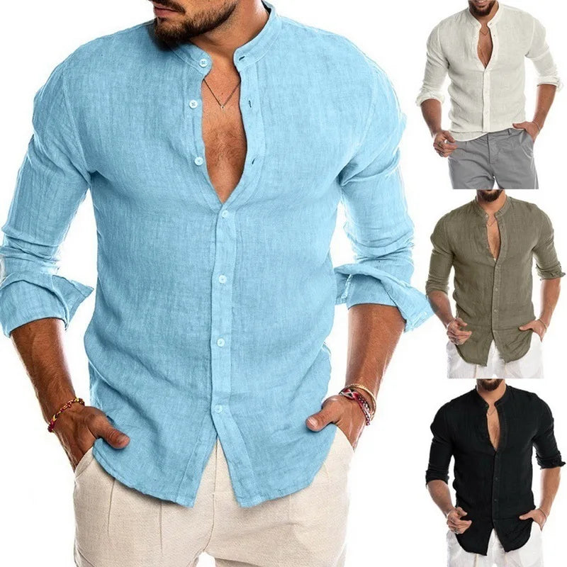 Male Casual Cotton Linen Shirts Long Sleeve Stand Collar Shirts Man Solid Social Shirt Blouses Formal Soccer Top Men Clothing