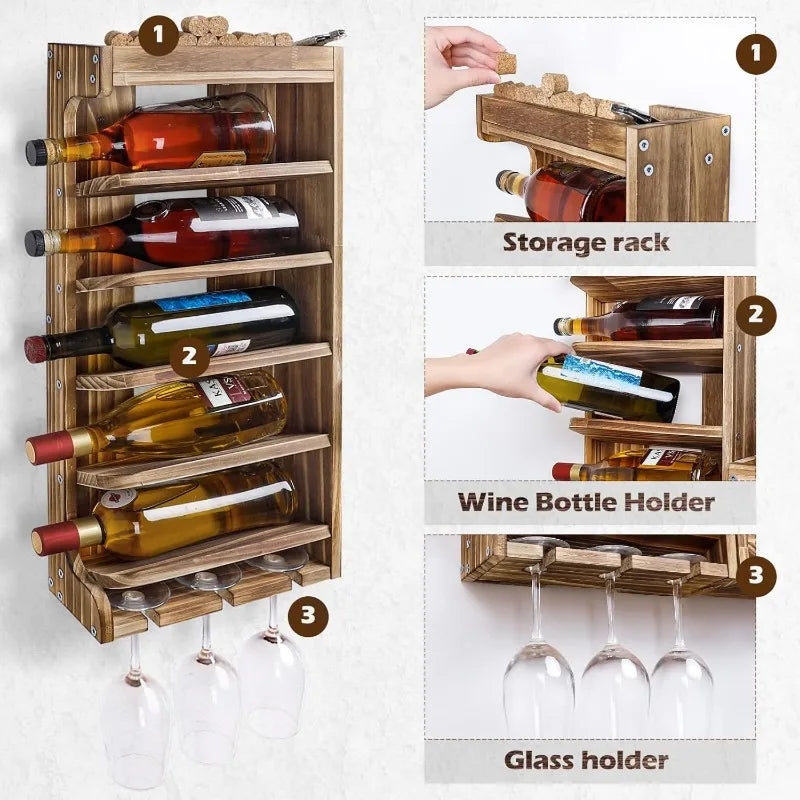 Rustic Wine Rack with Goblet Glass Stand & LED Lights - You Offer