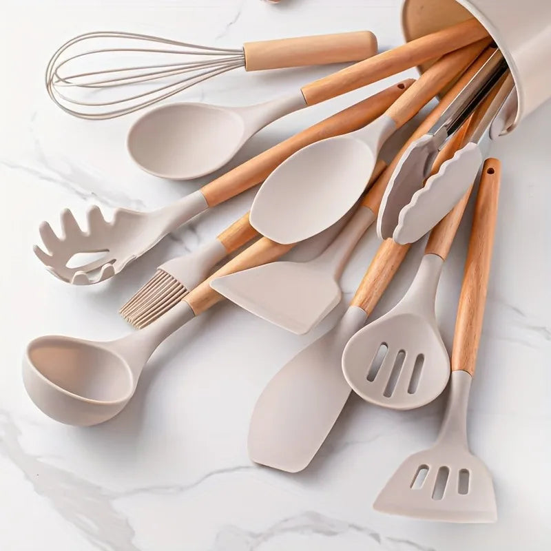 2-Piece Silicone Kitchen Utensil Set with Wooden Handles - You Offer