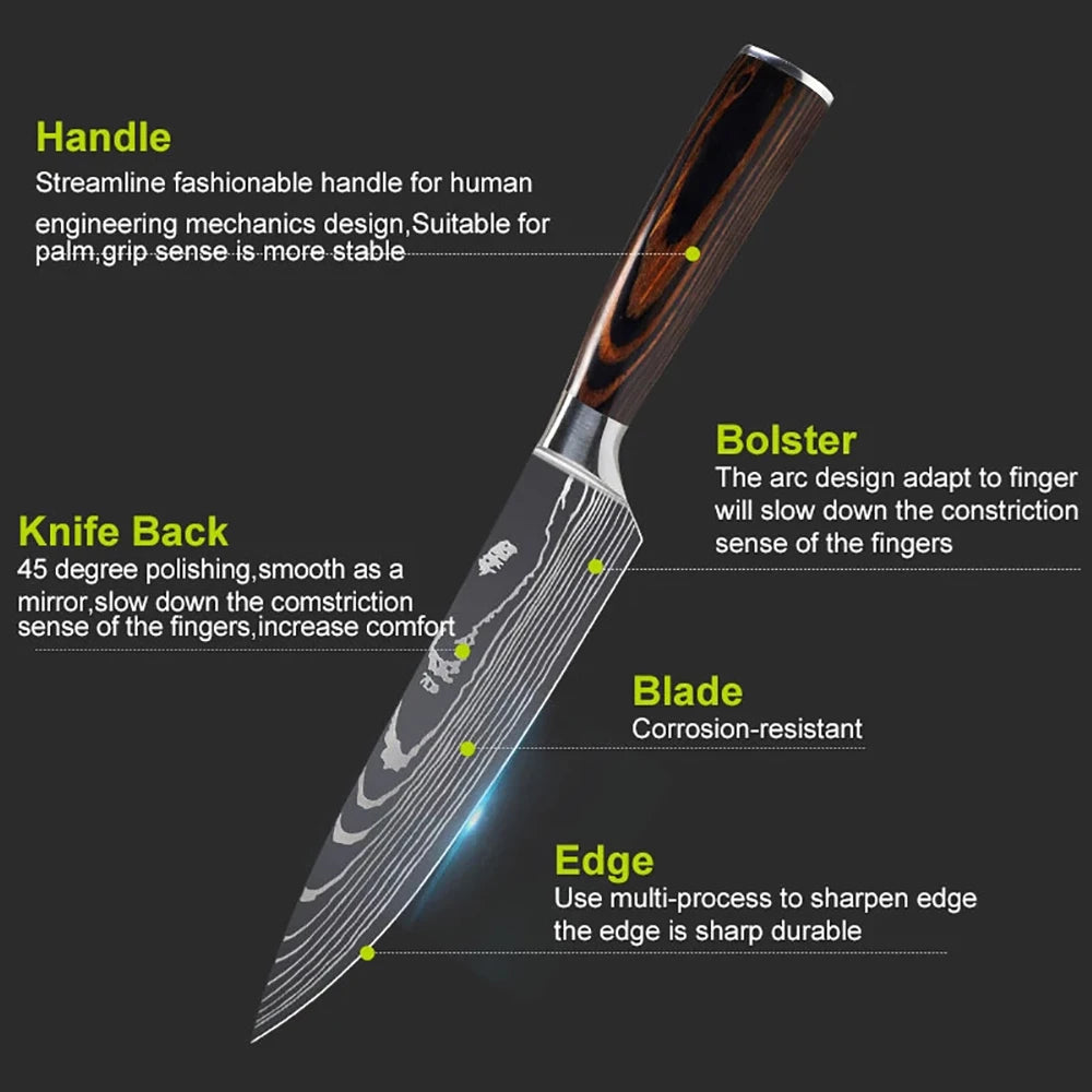 Chef knife 1-10Pcs Set Laser Damascus Pattern Kitchen Knives Sharp Japanese Santoku Slicing Utility Knife Cleaver Boning Knives - You Offer