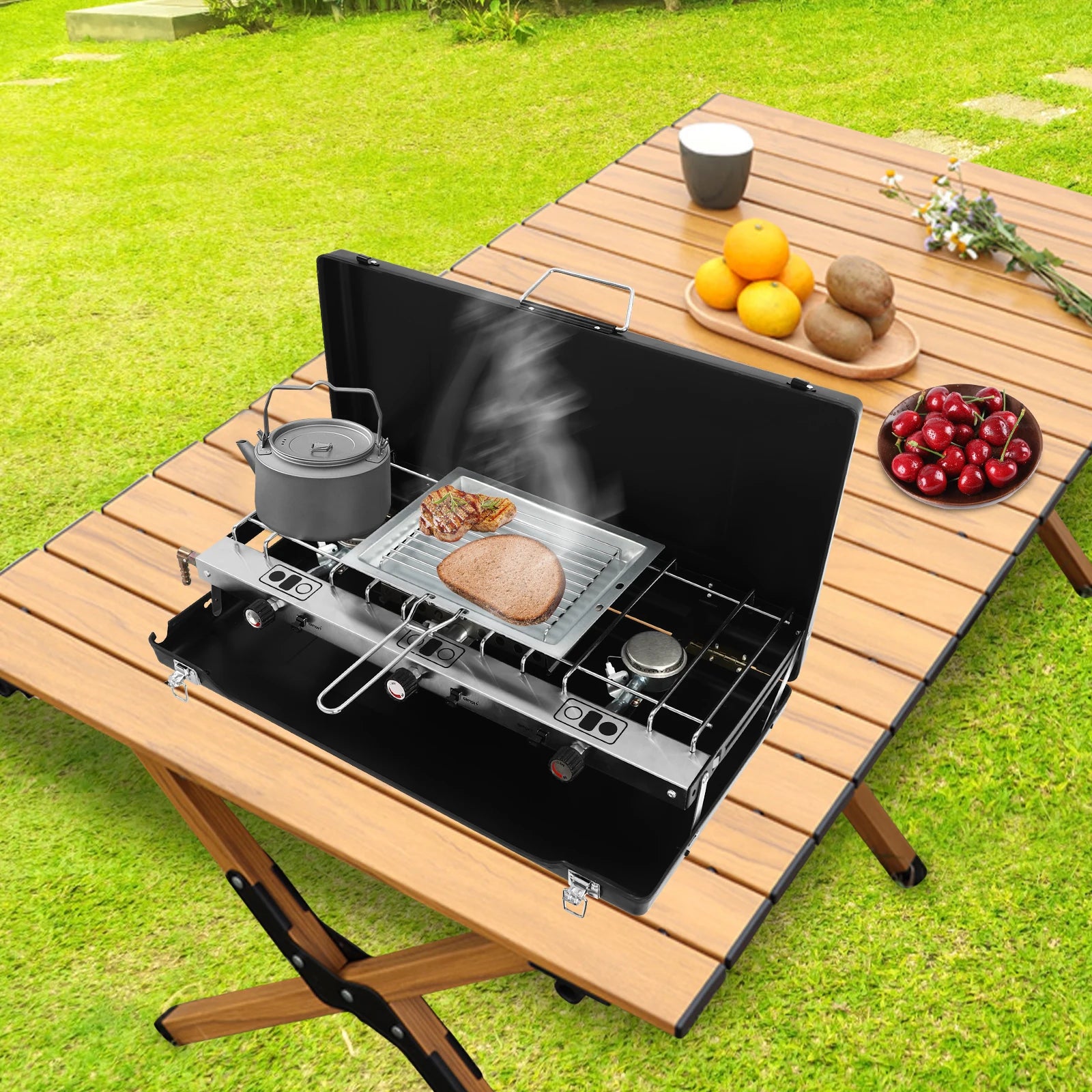 Camping Stove 3 Burner Propane Portable Stove with Regulator Toast Tray Windshield for Car Camping BBQ Picnics Outdoor Cooking - You Offer