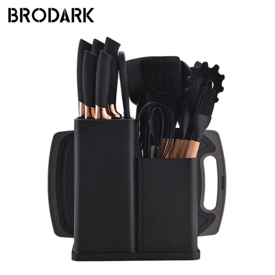 19pcs Food Grade Silicone Brodark Kitchenware Set, Cooking Spoon, Shovel, Cutting Board, Fruit Knife, Chef Knife, Combination Se - You Offer