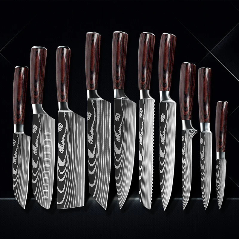 Chef knife 1-10Pcs Set Laser Damascus Pattern Kitchen Knives Sharp Japanese Santoku Slicing Utility Knife Cleaver Boning Knives - You Offer