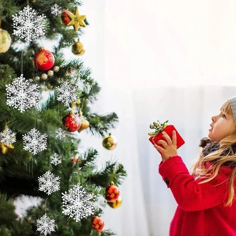 White Christmas Snowflakes Xmas Tree Hanging Pendant Artificial Plastic Glitter Snow Flake Home DIY New Year Wreath Decoration