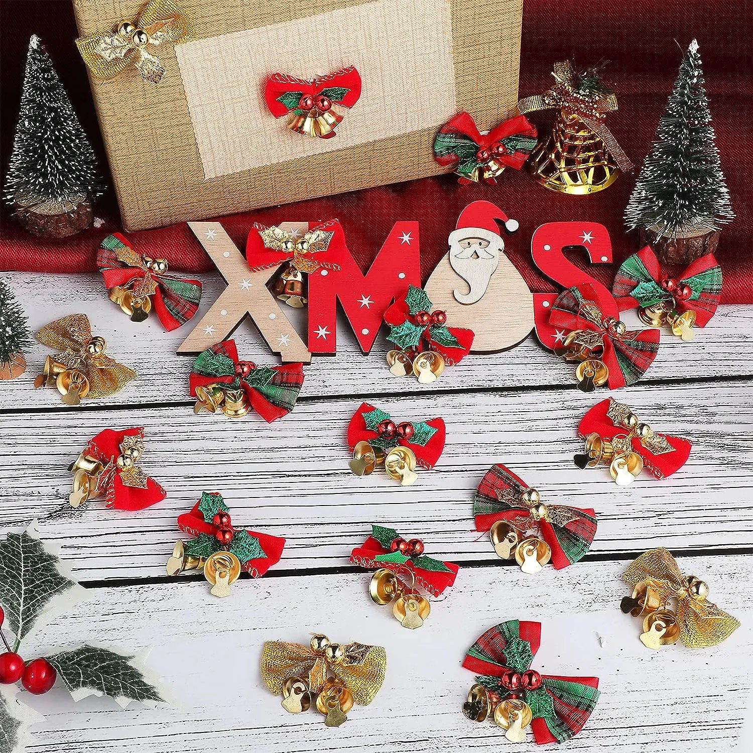 Christmas Mini Bowknot Jingle Bell Xmas Trees Hanging Pendant Small Bow with Bell Ornament DIY Party Gifts New Year Decorations
