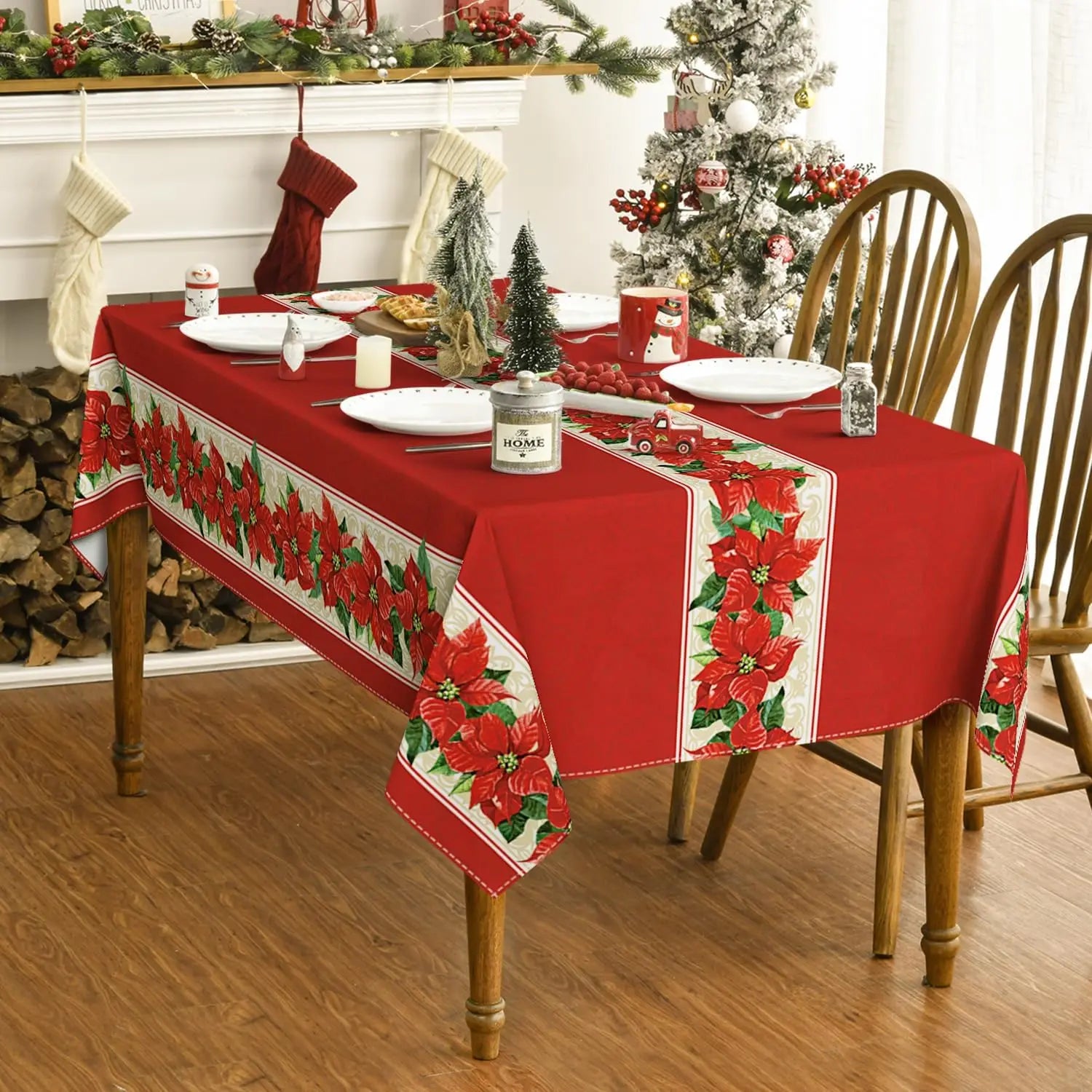 Christmas Poinsettia Red Rectangle Tablecloths Winter Xmas Wedding Party Deocr Dining Room Table Decor Navidad Decorations 2025
