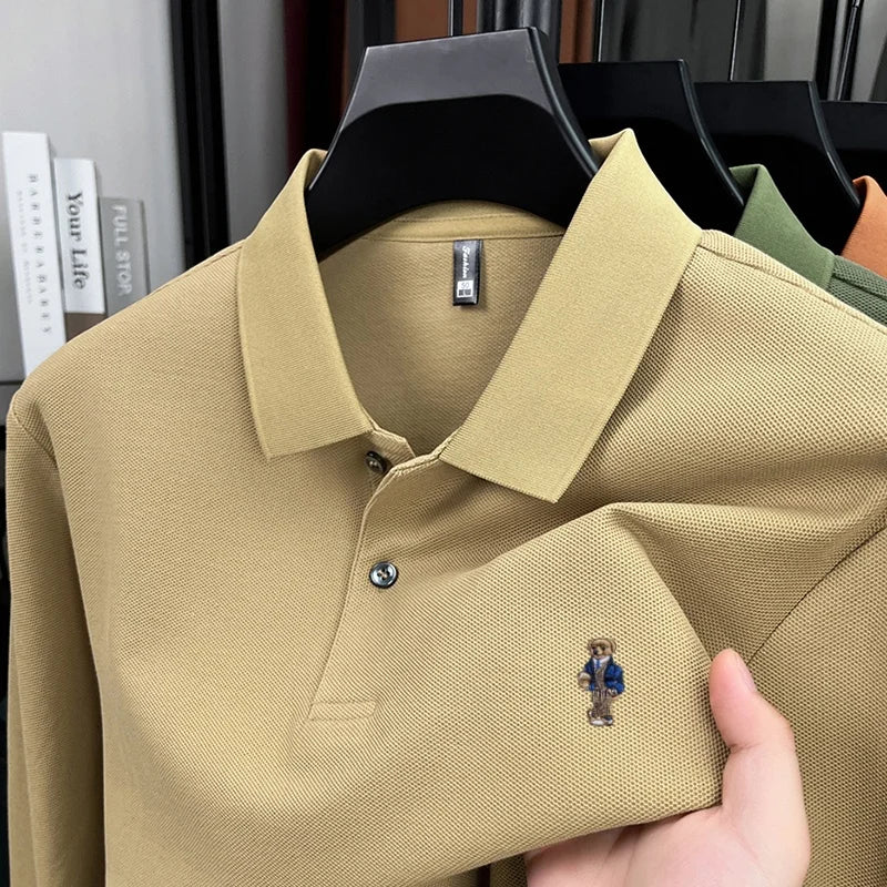 100% pure cotton men's trendy luxury brand autumn long sleeved polo shirt designer teddy bear embroidery business casual T-shirt