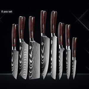 Chef knife 1-10Pcs Set Laser Damascus Pattern Kitchen Knives Sharp Japanese Santoku Slicing Utility Knife Cleaver Boning Knives - You Offer