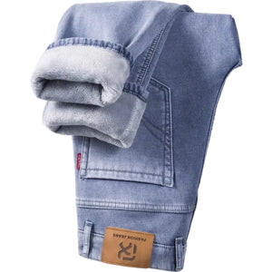 New Autumn and Winter Fashion Trend With Thick Fleece and Warm Straight Leg Blue Jeans For Men's Casual Sports High-end Jeans - You Offer